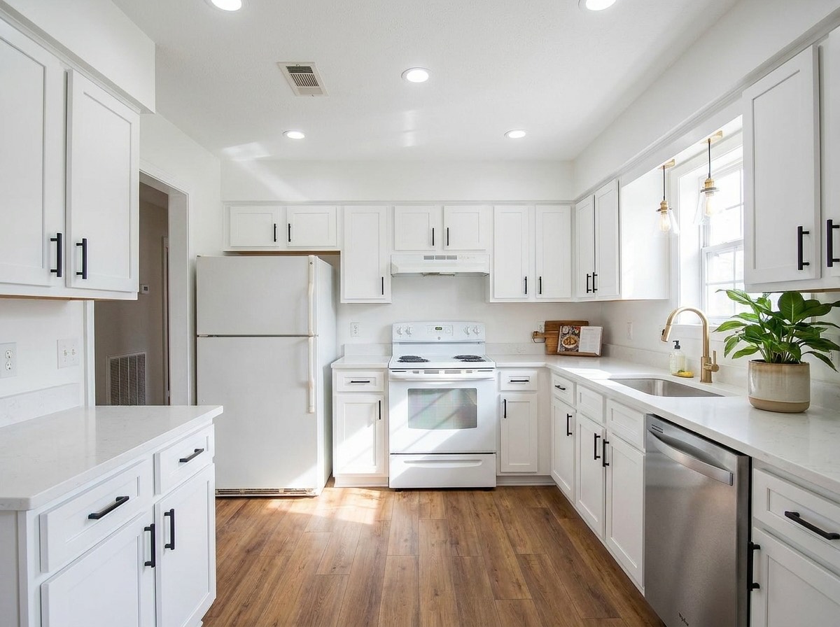 The same kitchen reimagined by Boaz AI — bright white cabinets, warm wood floors, new finishes.
